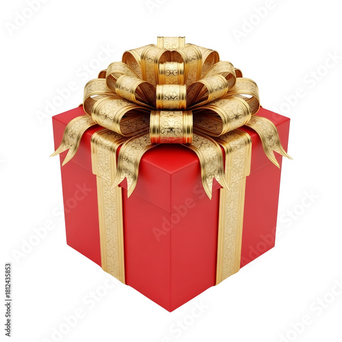 Luxury Red Gift Box with Ornate Gold Ribbon and Large Bow Isolated on Transparent Background