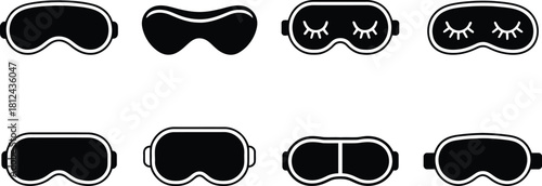 Sleep mask icon set various designs black and white vector illustration