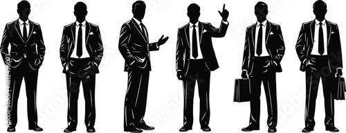 businessmen silhouette, corporate professionals, formal suit figures, leadership concept illustration, business group standing, executive poses, teamwork symbol, office professionalism artwork