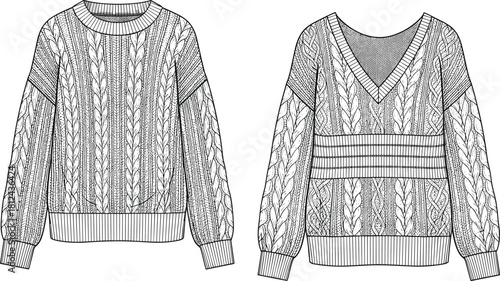 Cable knit sweater sketch, crew and V-neck design, ribbed cuffs and hem, fashion technical drawing, garment detail, flat vector illustration