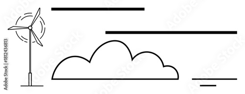 Wind energy concept. Wind turbine with abstract cloud and line elements clean energy and sustainability. Wind energy for renewable power, eco-friendly production, sustainable design, green
