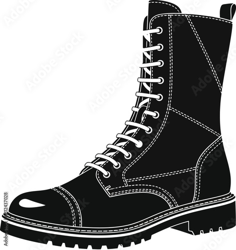Black and white illustration of a tall combat boot with laces, isolated on white background