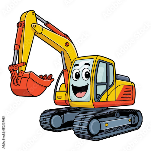 Cartoon Excavator Character Illustration with Bright Colors and Construction Machine Details on White Background