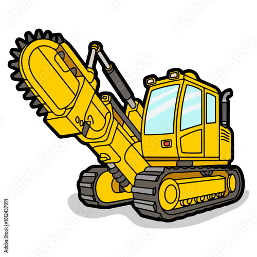 Heavy Duty Yellow Trenching Machine Vector Illustration with Rotating Cutter Wheel and Crawler Tracks for Construction and Excavation Projects