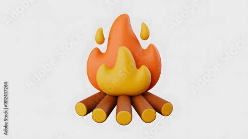 Stylized 3d campfire with orange and yellow flames and wood logs isolated on white background