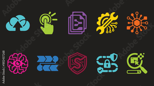 Elevate your tech projects with these vibrant software development and data science icons for modern design