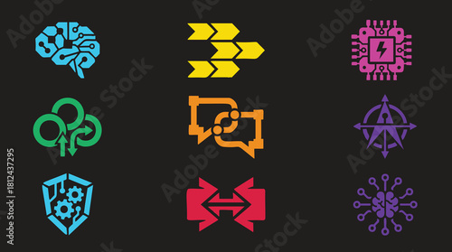 Dynamic collection of vibrant tech icons representing innovation, workflow, security and intelligence