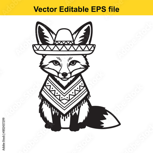 Black and white vector illustration of a cute fox wearing a traditional mexican sombrero and poncho, isolated on