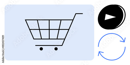Black shopping cart next to play button and blue circular arrows. Ideal for e-commerce, subscriptions, automation, online shopping, process flow, retail, and marketing concepts. Simple flat metaphor