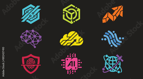 Modern technology icons showcase innovation, security, networking and artificial intelligence progress