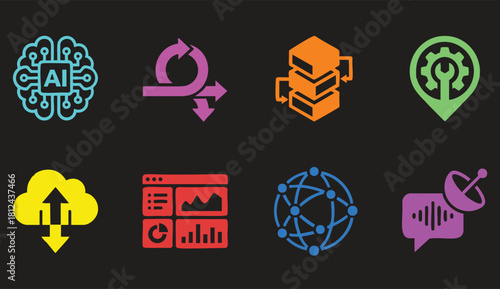 Modern technology icons showcase artificial intelligence, data, and communication solutions for digital transformation