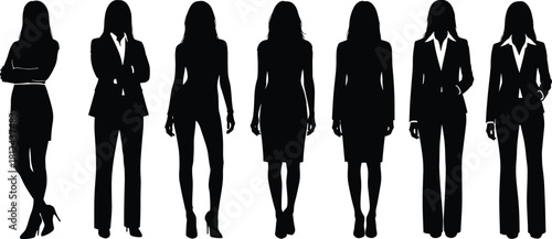 Silhouette set of professional businesswomen in formal attire, confident female leaders standing in various poses, corporate illustration for design use