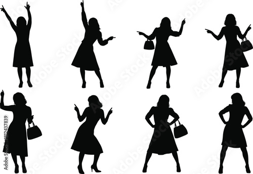 Silhouette woman poses collection, stylish female figure dancing and pointing, fashion attitude set, isolated black silhouettes for design and advertising use