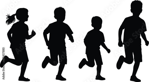 children running, kids silhouette, active youth, outdoor play concept, group motion illustration, energetic children, playful activity, childhood movement, sport action scene