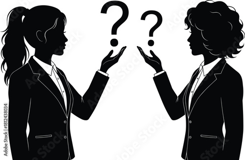 "Silhouette businesswomen facing each other with question marks, communication challenge, problem solving concept, teamwork illustration, corporate discussion, decision making graphic"