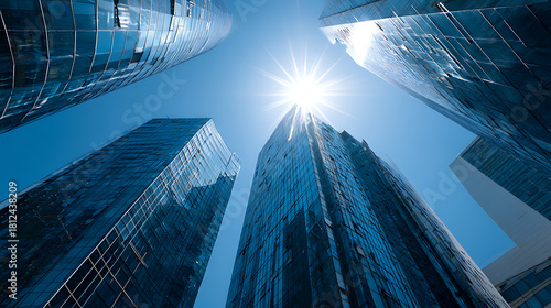 Gleaming glass skyscrapers reaching towards bright sun glass buildings modern architecture