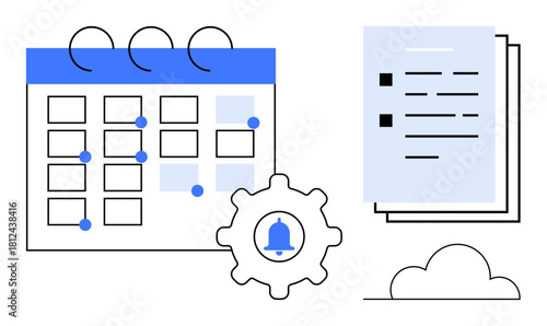 Calendar with marked dates, gear with reminder bell, stacked documents, and a cloud. Ideal for planning, scheduling, time management, organization goal setting deadlines productivity. Simple flat