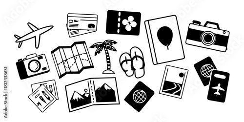 Illustration of travel themed icons including airplane camera map and passport in black and white style on transparent background