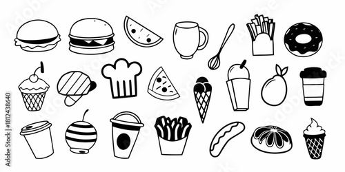 Illustration of various food items including burgers, desserts, and drinks in a doodle style design on transparent background