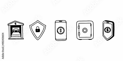 Illustrative financial security icons featuring bank building shield and mobile banking elements on transparent background