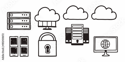 Hand drawn cloud computing network diagram with servers, computers, and security lock elements on transparent background