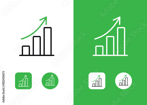 Positive data earning sale profit, arrow up upward trend bar graph chart infographic outline line icon symbol sign vector