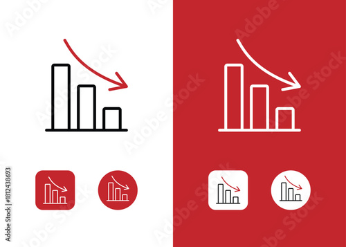Negative earning profit, arrow point down downward trend bar graph chart infographic outline line icon symbol sign vector