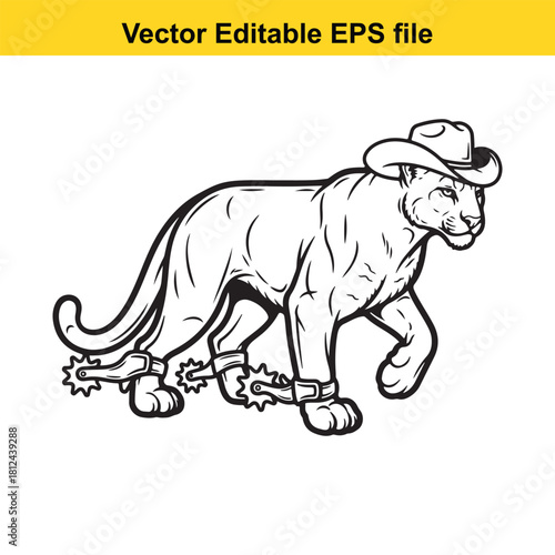 Black and white line art vector illustration of a powerful cougar or mountain lion wearing a cowboy hat and spurs, isolated on