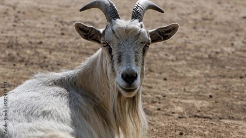 A goat lies on the ground, turning its head to look at the camera as the lens slowly closes in on its face