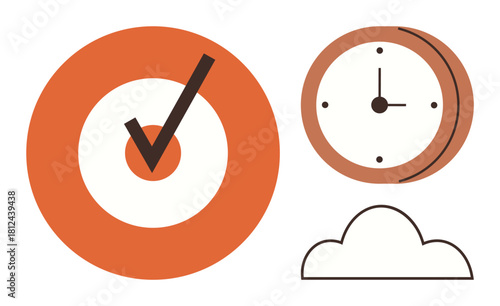Orange target with checkmark, clock, and cloud emphasizing goal setting, success, focus, efficiency, productivity, teamwork and planning. Ideal for deadlines organization and a simple flat
