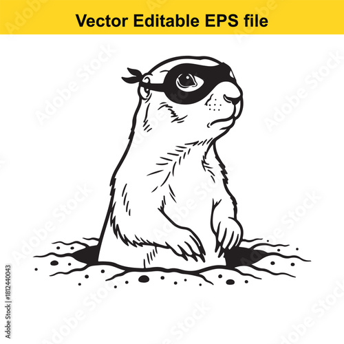 Black and white vector illustration of a mischievous groundhog wearing a black bandit mask popping out of a hole in the ground, isolated on
