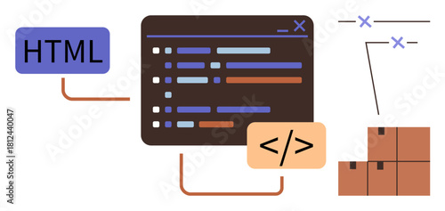Coding interface with HTML block, stacked boxes, and connectors. Ideal for programming, web design, coding process, data structure, workflow, development concept simple flat metaphor