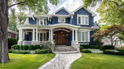 Grand blue shingled residence with stone accents and lush landscaping blue house shingle siding