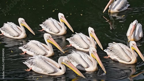 Beautiful, large pelicans glide together across the lake in a tight swimming group