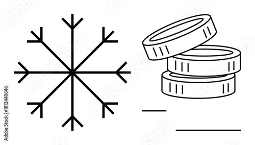 Black snowflake beside stacked coins highlighting seasonal finance, economic planning, budgeting, business cycles, savings, wealth, and simple flat metaphor