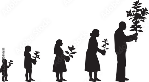 Silhouettes Illustrating Human Growth and Plant Nurturing Through Generations family life cycle on transparent background