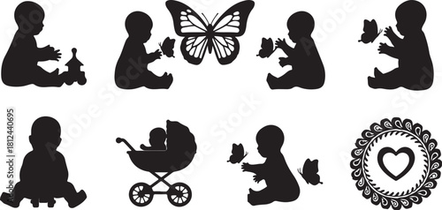 Silhouettes of Babies and Butterflies with a Decorative Heart Emblem baby infant on transparent background