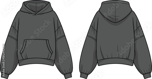 Oversized hoodie template cad drawing flat vector illustration showing detailed front and back technical fashion sketch for garment design and production reference.
