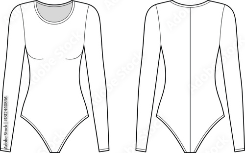 Long sleeve bodysuit template cad drawing flat vector illustration showing detailed front and back technical fashion sketch for apparel design reference.