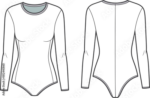 Long sleeve bodysuit fashion template cad drawing flat vector illustration showing detailed front and back technical sketch for apparel design reference.