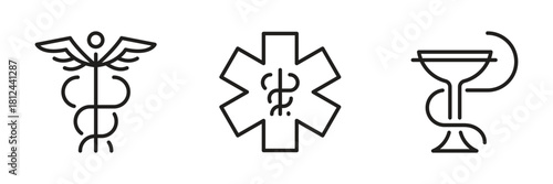 Caduceus medical line icon set. Snake bowl symbol. Black outline sign. Medicine, hospital, health, healthcare concept. Vector illustration. Editable stroke.Isolated on a white background. Flat design.