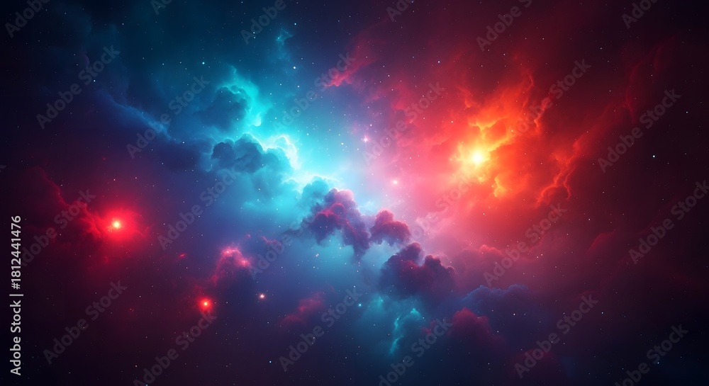 Fototapeta premium Vibrant cosmic nebula with glowing blue and red gas clouds illuminating distant stars in deep space