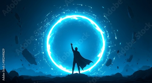 Silhouette of a person with a cape standing before a glowing blue magical portal or wormhole in a dark landscape