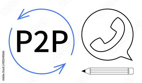 Circular arrows encasing P2P text, phone symbol in a speech bubble, and pencil icon. Ideal for networking, collaboration, messaging, connectivity, creativity technology and communication. Clear