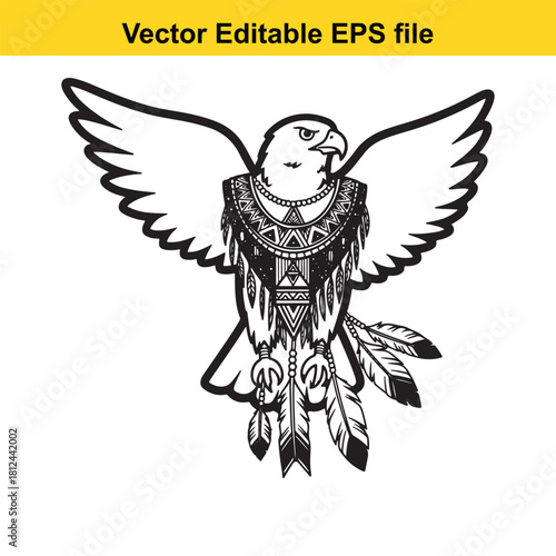 Tribal eagle with wings spread, detailed black and white vector illustration featuring native american inspired adornment, isolated on