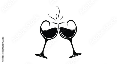 Two elegant wine glasses clinking together in a celebratory toast, with wisps of steam rising.