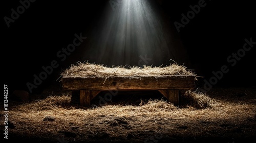 Empty Wooden Manger Illuminated by Dramatic Light in Dark Stable