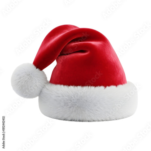 Realistic Velvet Red and White Fur Santa Hat Isolated on Transparent Background