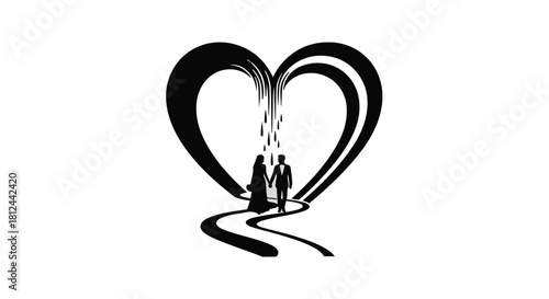Couple walking towards a heart-shaped path, symbolizing love and union