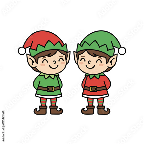 Two cute christmas elves in red and green outfits santa helpers holiday character mascot icon for festive seasonal greeting or children celebration design